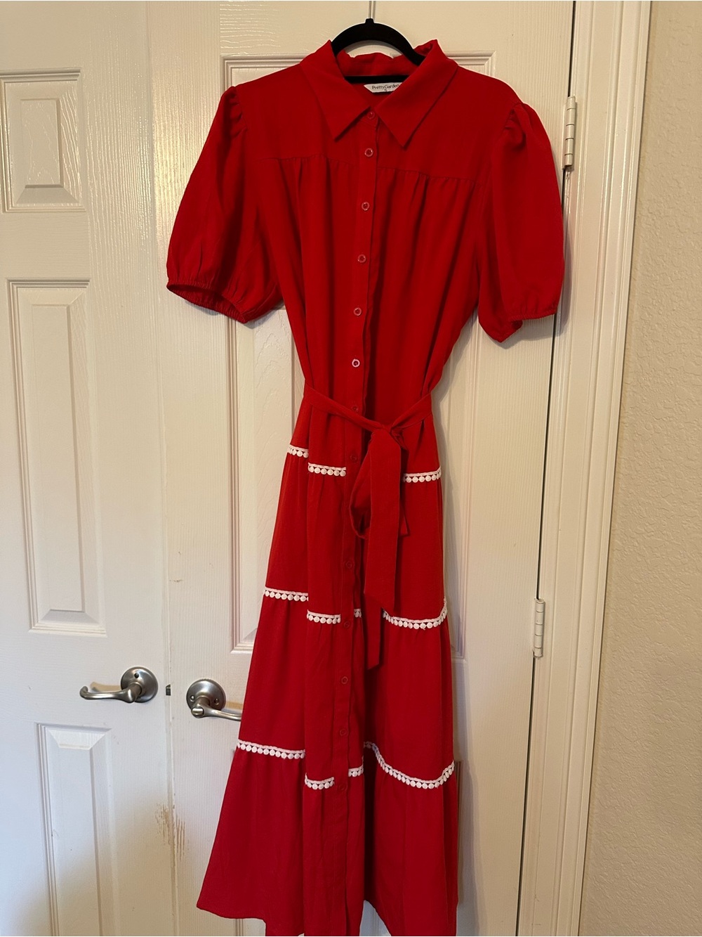 Red Button-Front Midi Dress with Tie Waist